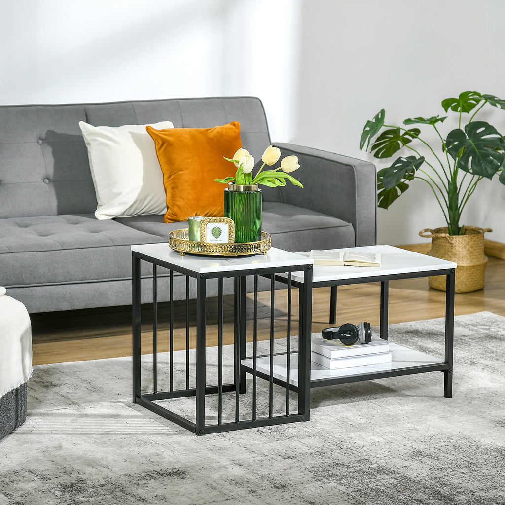 Modern Coffee Table Set of Two, Marble-Effect Nesting Side Tables with Steel Frame for Living Room, White, Black