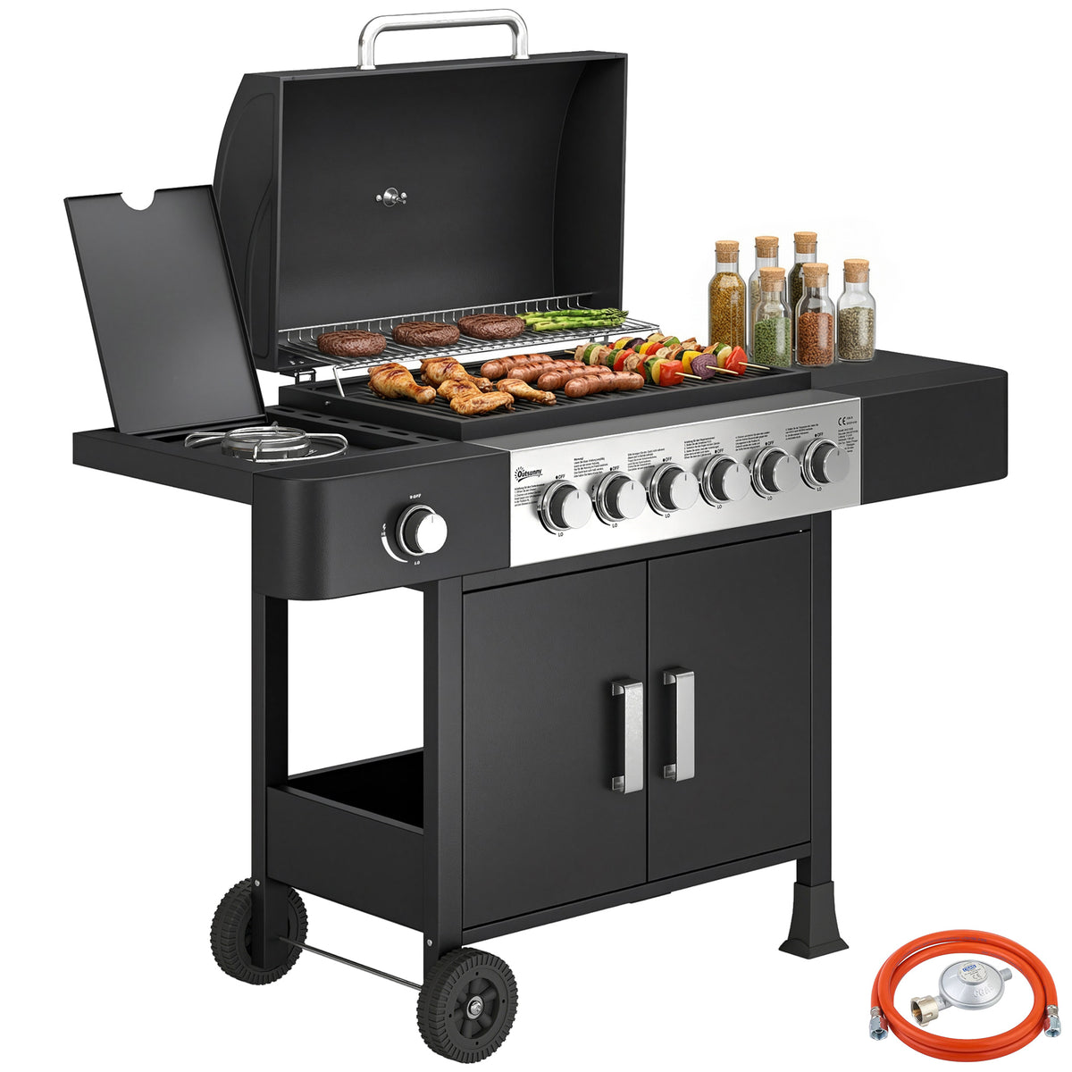 Gasgrill 17,8 KW 6+1 Brenner BBQ Grillwagen aus Edelstahl inkl Rolle Seitenbrenner Thermometer Emaille-Grillrost