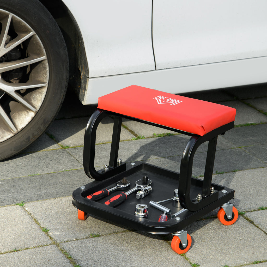 Workshop Stool, Rolling Machine Stool with 360° Swivel, Padded Seat, Tool Tray, Red