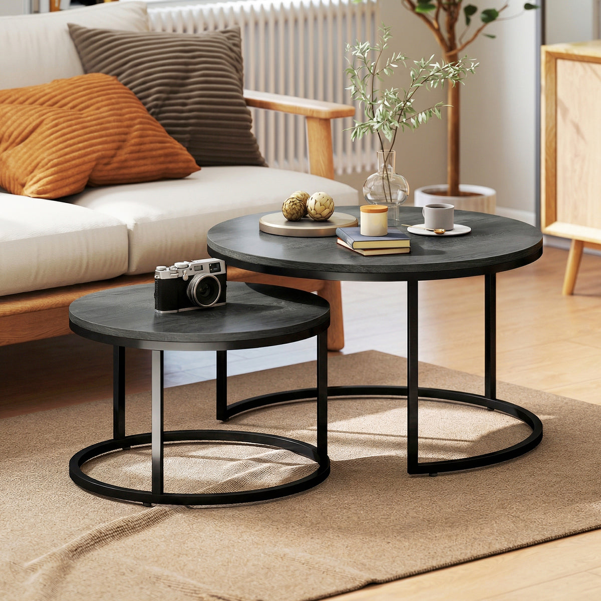 Set of Two Wood-Effect Stacking Tables - Black Wood Grain