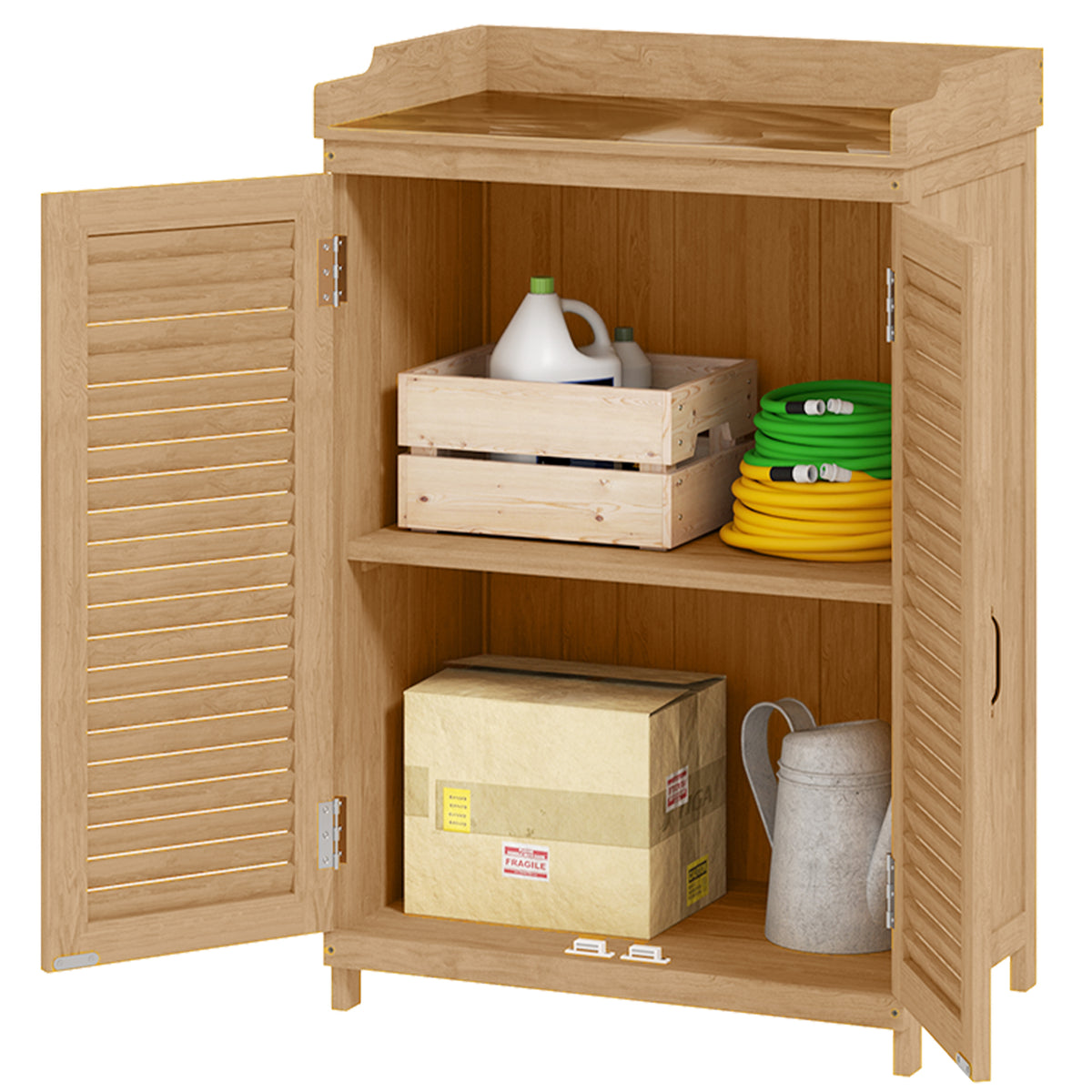 Gartenschrank Holz, Geräteschuppen mit Arbeitsfläche, wetterfest Geräteschrank, 65,5x40x98,5cm Gelb