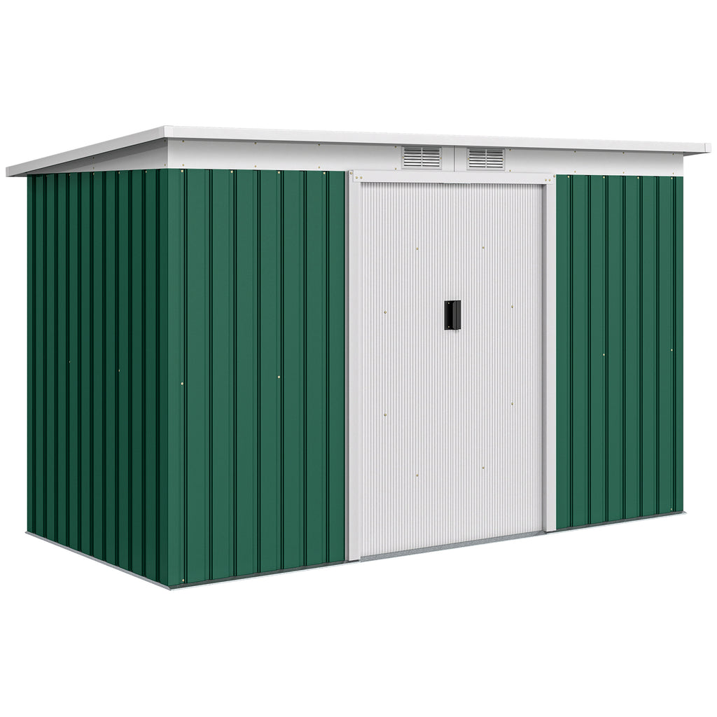 9ft x 4ft Metal Garden Shed, Waterproof Outdoor Bike Storage Shed Galvanised with Foundation Kit, Vents, Apex Roof and Lockable Double Doors for Patio Yard, Deep Green