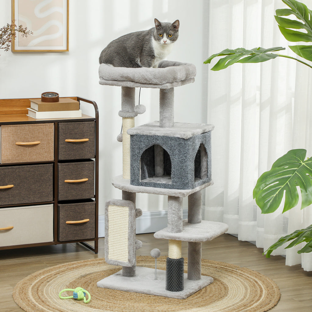 Kratzbaum 104 cm Katzenbaum mit Katzenhöhle Bett Sisal-Kratzsäulen Kratzbrett Plüschbälle für Katzen bis 5 kg Hellgrau
