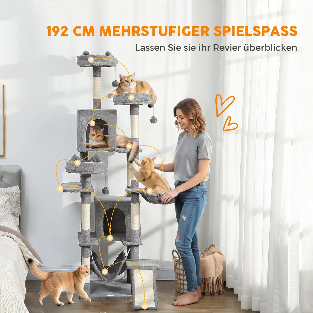 Cat Tree, 192 cm Large Multi-Level Cat Tower for Indoor Kittens with 8 Scratching Posts, 3 Plush Beds, 2 Hammocks