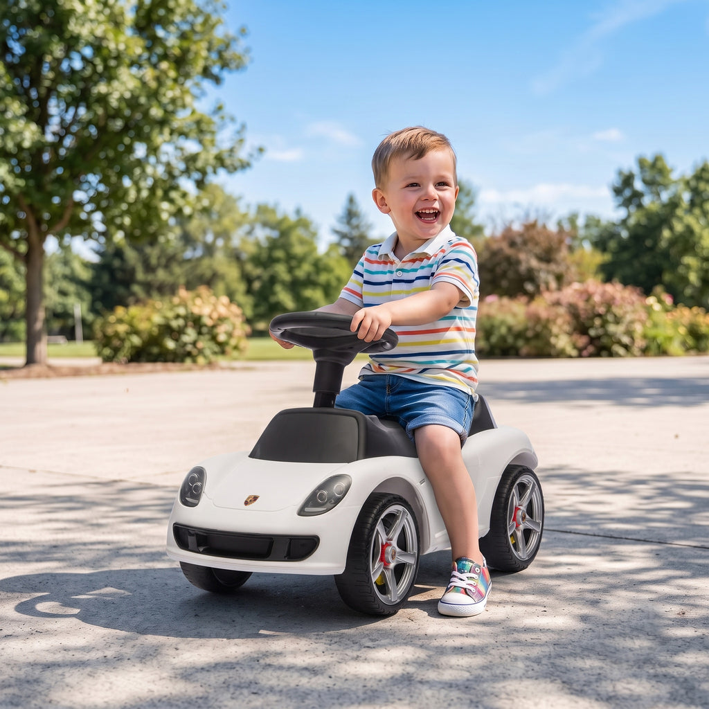 Ride on Car, Porsche Licensed Toddler Push Car with Horn, Headlights, Sound and Steering Wheel for 18-36 Months, White