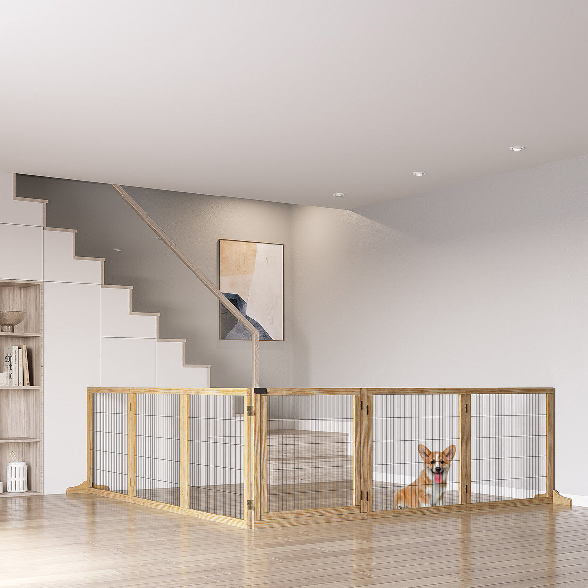 Wooden Pet Gate, Freestanding Dog Security Barrier with Two Support Feet - Natural Tone