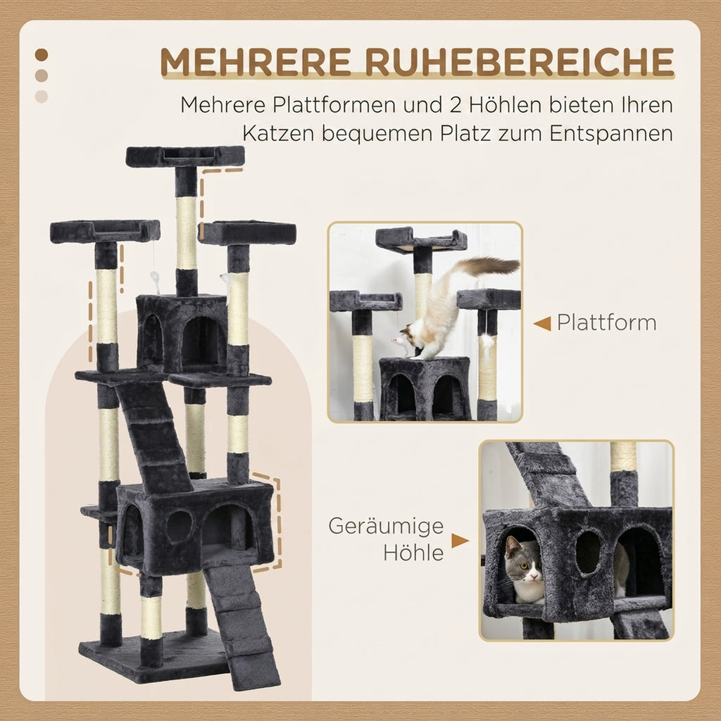 173cm Cat Tree Scratching House, Activity Play Centre, Charcoal Grey
