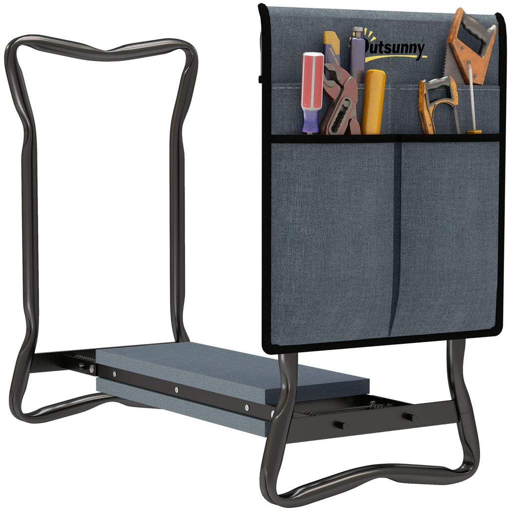 Steel Frame Padded Garden Kneeler, with Tool Bag - Grey