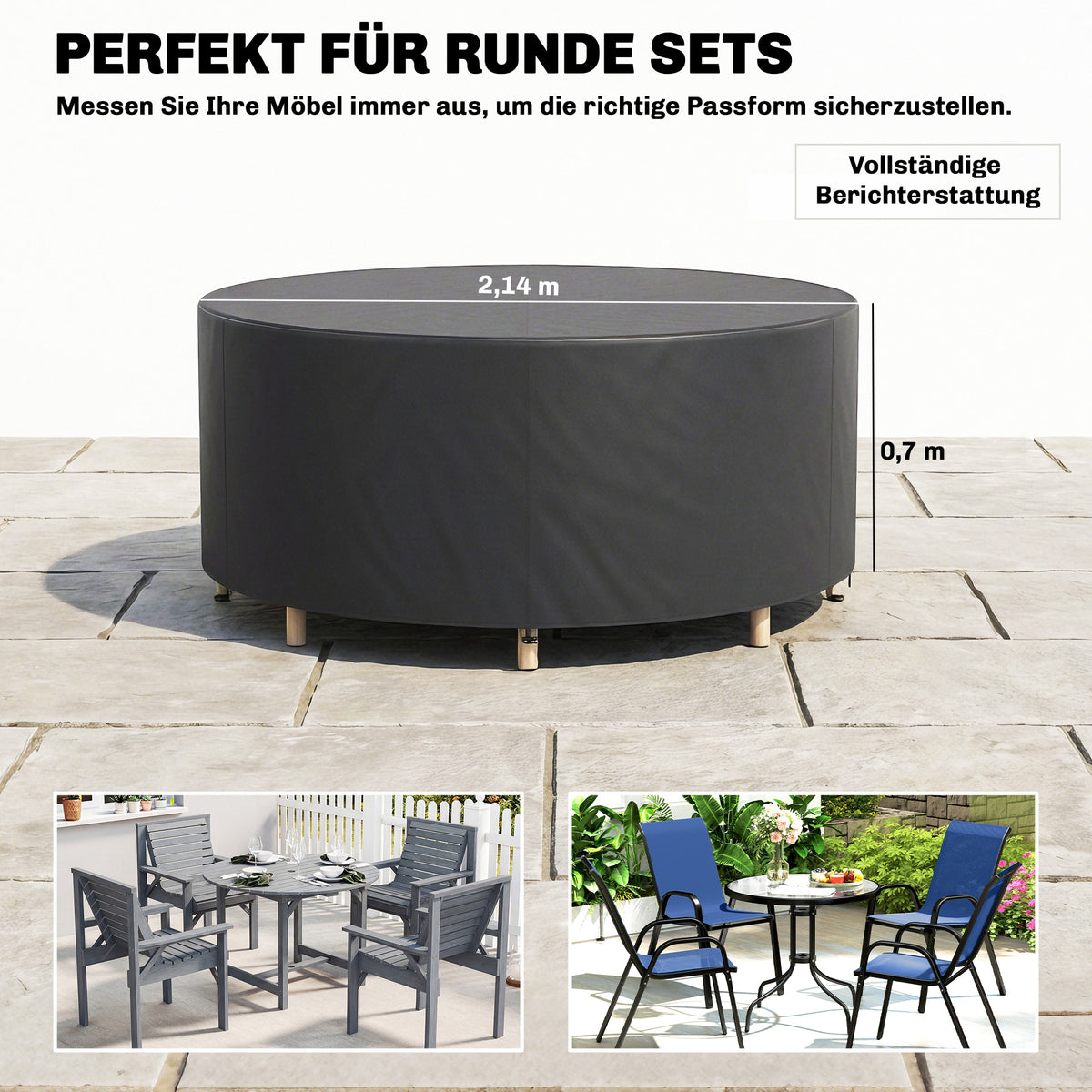 Round Garden Furniture Cover, Waterproof Garden Table Cover, 420D Heavy Duty Oxford for Outdoor, Dia.214 x 70 cm, Black