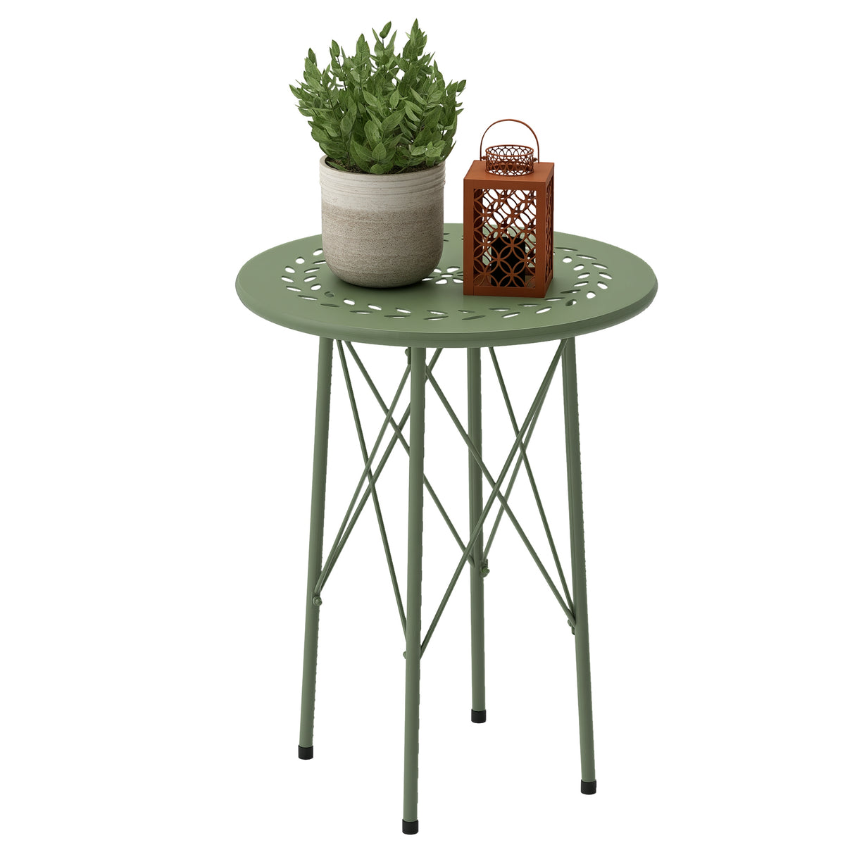 Gartentisch, Runder Terrassentisch mit Blumenmuster, Stahl, Bistrotisch für drinnen und draußen, Grün