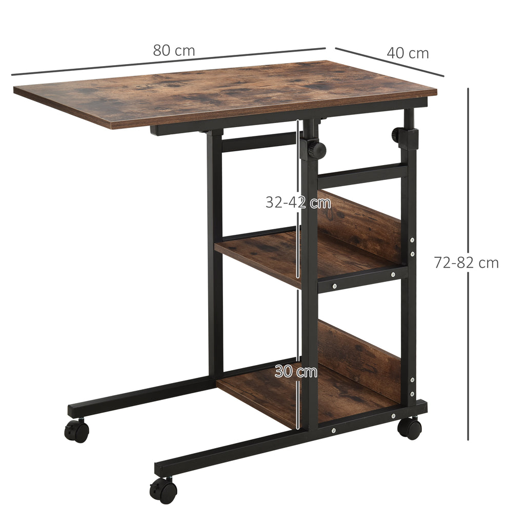 Beistelltisch mit Rollen, h?henverstellbar, kompakt, 2 Ablageb?den, Metallrahmen, 80x40x72-82 cm, Braun/Schwarz