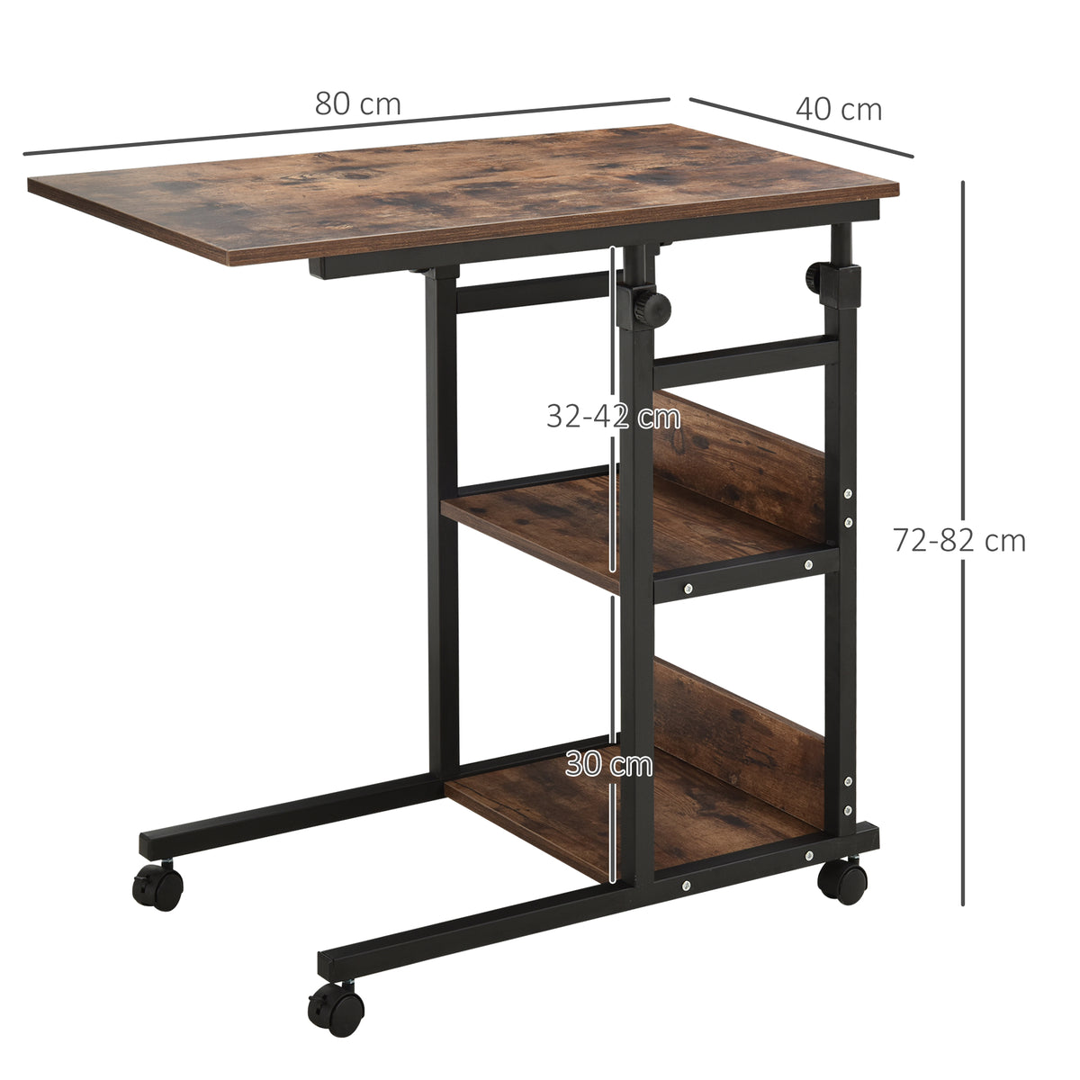 Beistelltisch mit Rollen, h?henverstellbar, kompakt, 2 Ablageb?den, Metallrahmen, 80x40x72-82 cm, Braun/Schwarz
