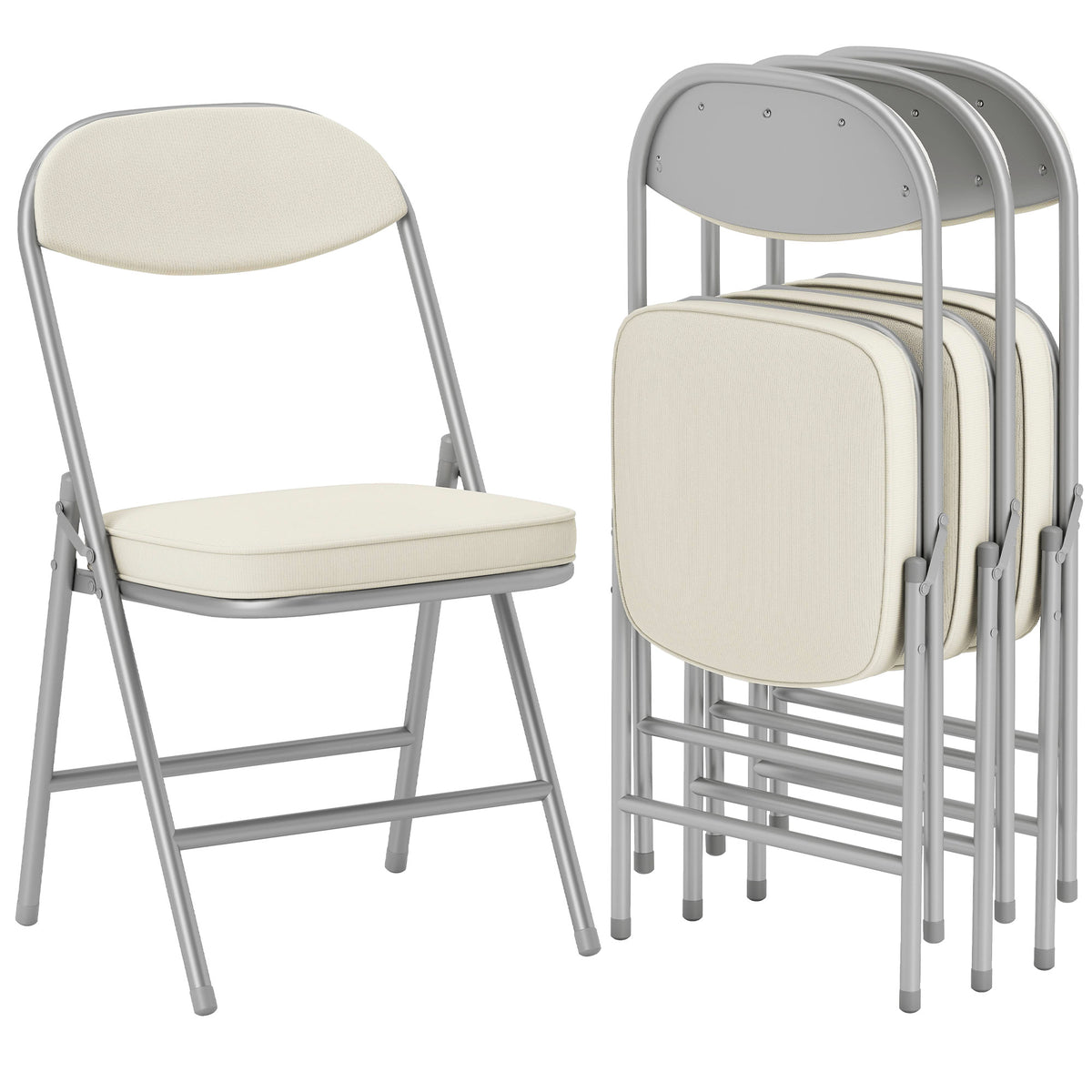 4er-Set gepolsterte Klappstühle, Faltbare Stühle mit Cordbezug, Rückenlehne, Metallrahmen, Cremeweiß