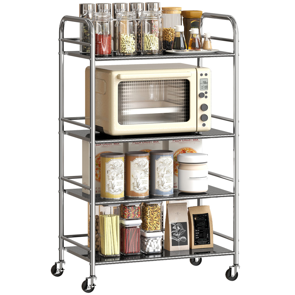 4 Tier Stainless Steel Kitchen Storage Trolley with Adjustable Shelves - Silver
