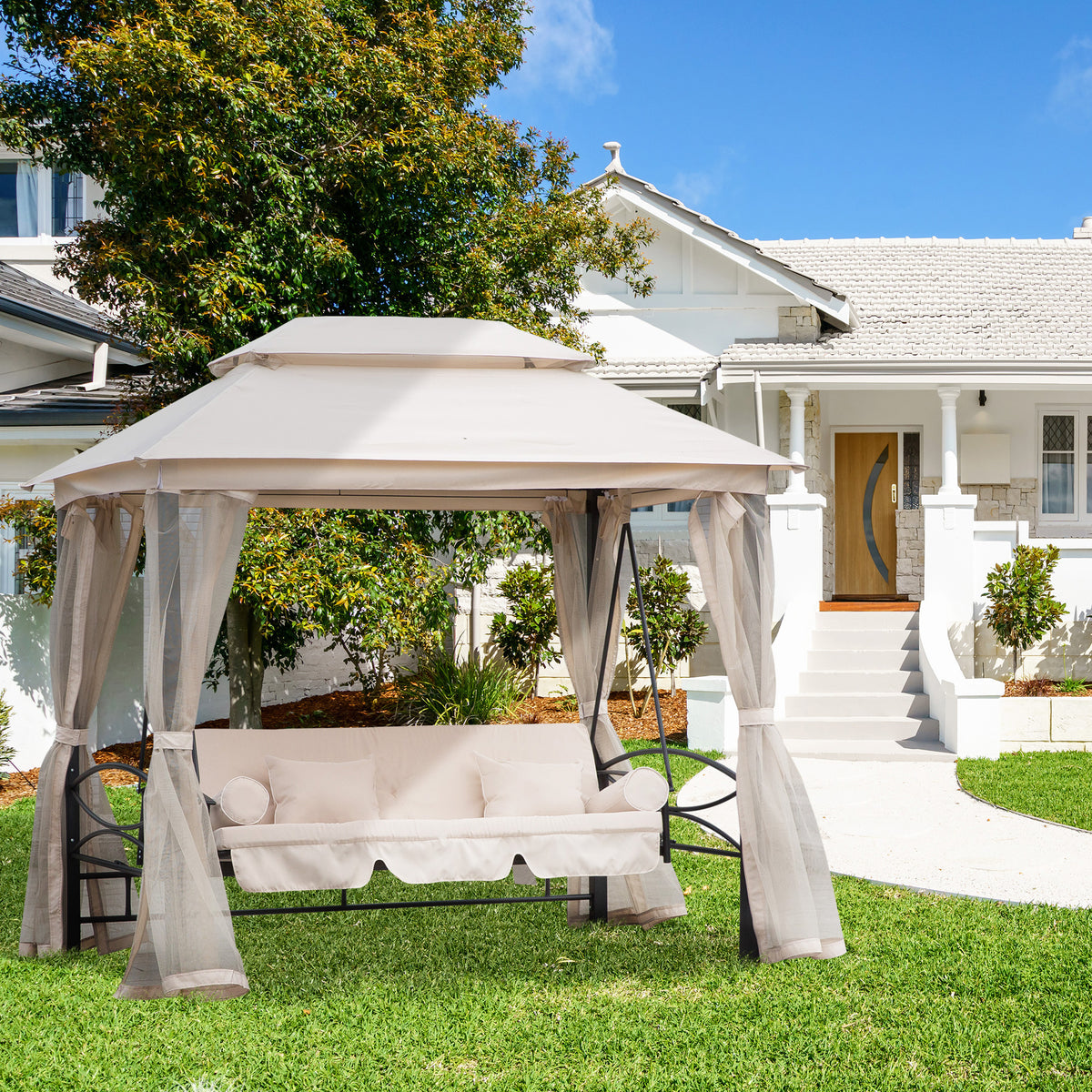  2-in-1 Convertible Gazebo Swing Chair Bed W/Netting, 245Lx165Wx243H cm-Beige/Black
