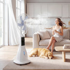 Stehventilator mit Wassernebel, 75° Oszillation, 3 Geschwindigkeiten, 3 Modi, Weiß
