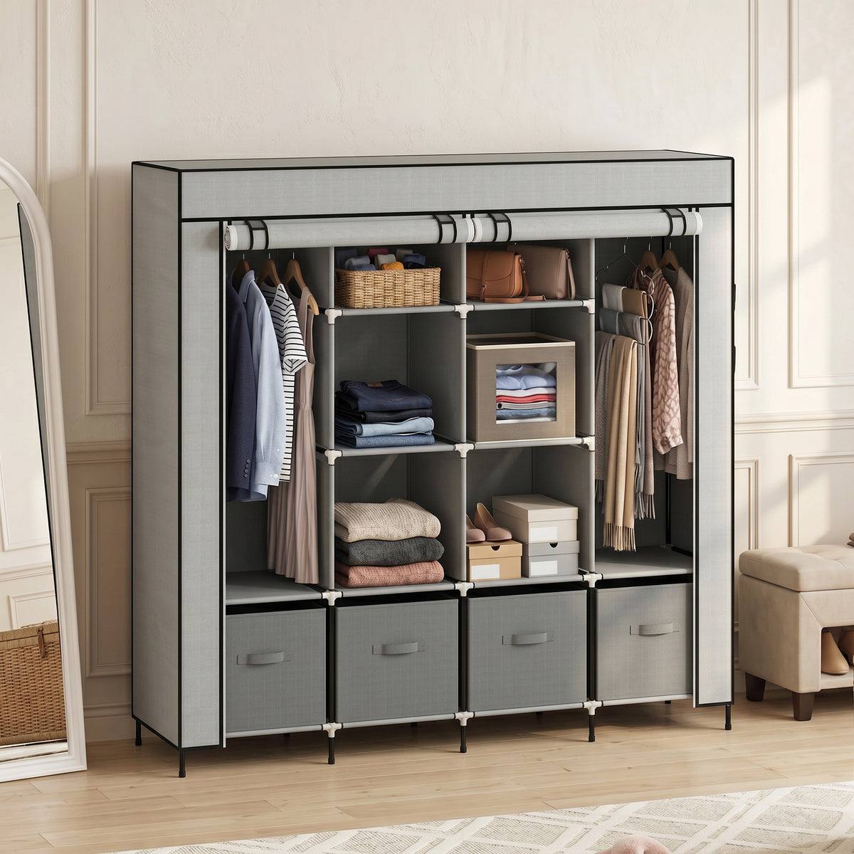 Kleiderschrank Stoffschrank, Türen, 2 Kleiderstangen, 10 Fächer, Grau