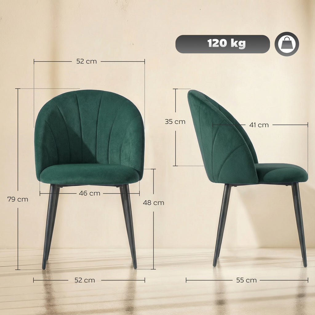 Armless Esszimmerstühle mit gebogener Rückenlehne 2er-Set, Samt-Optik Akzentstühle für Küche, Wohnzimmer, Dunkelgrün