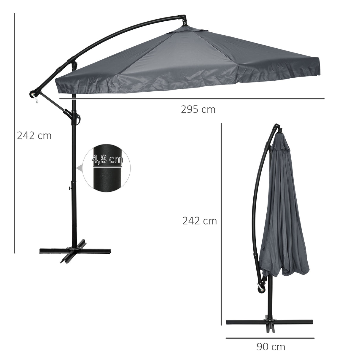 Ampelschirm ?3m, drehbar, Handkurbel, rostfreier Stahl, Polyester, Dunkelgrau/Schwarz