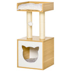 Katzenhöhle Katzenbett mit waschbarem Kissen, Plattform, Kratzsäule, Spielball, Katzenhaus für Katzen für Indoor 35 x 35 x 81 cm Eiche