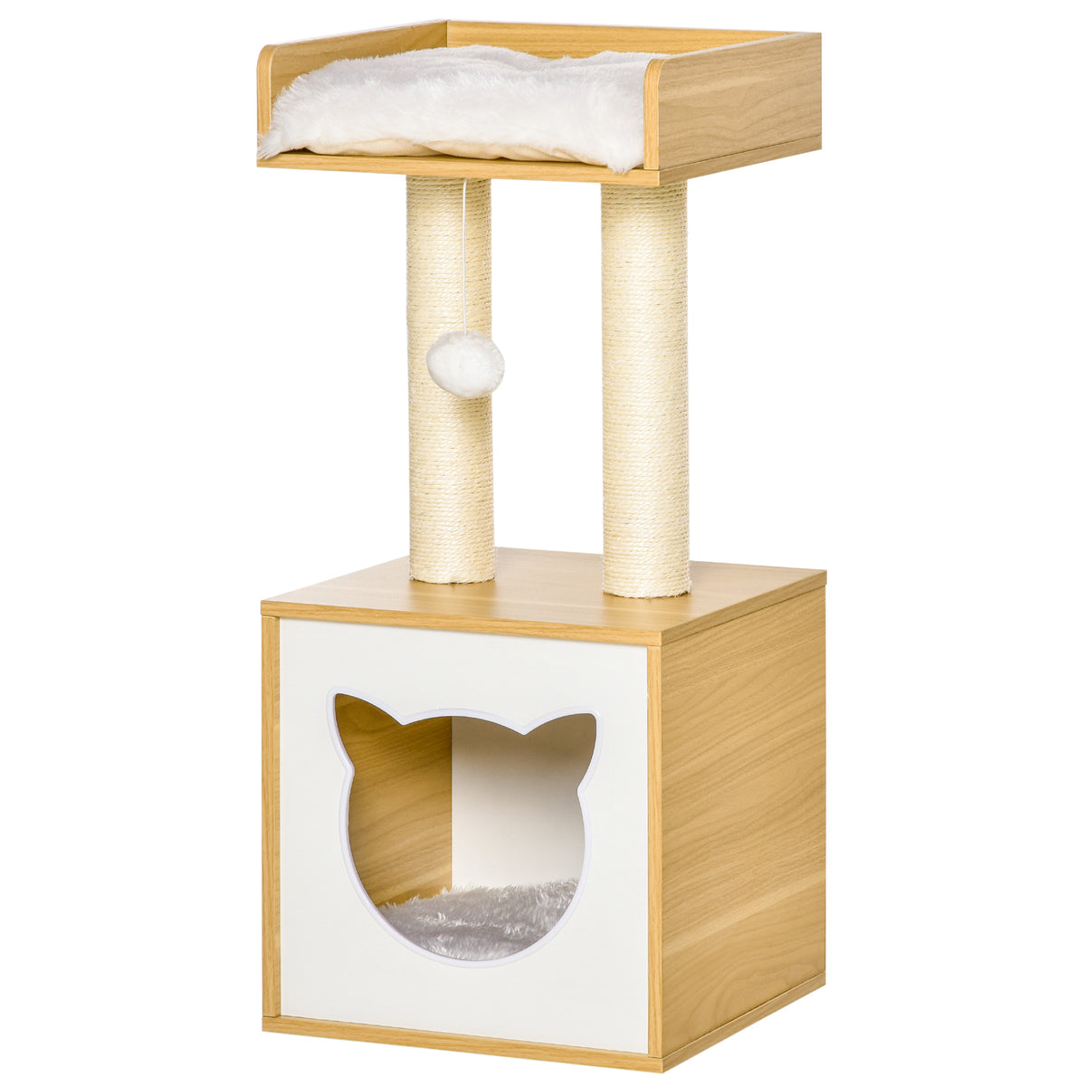 Katzenhöhle Katzenbett mit waschbarem Kissen, Plattform, Kratzsäule, Spielball, Katzenhaus für Katzen für Indoor 35 x 35 x 81 cm Eiche
