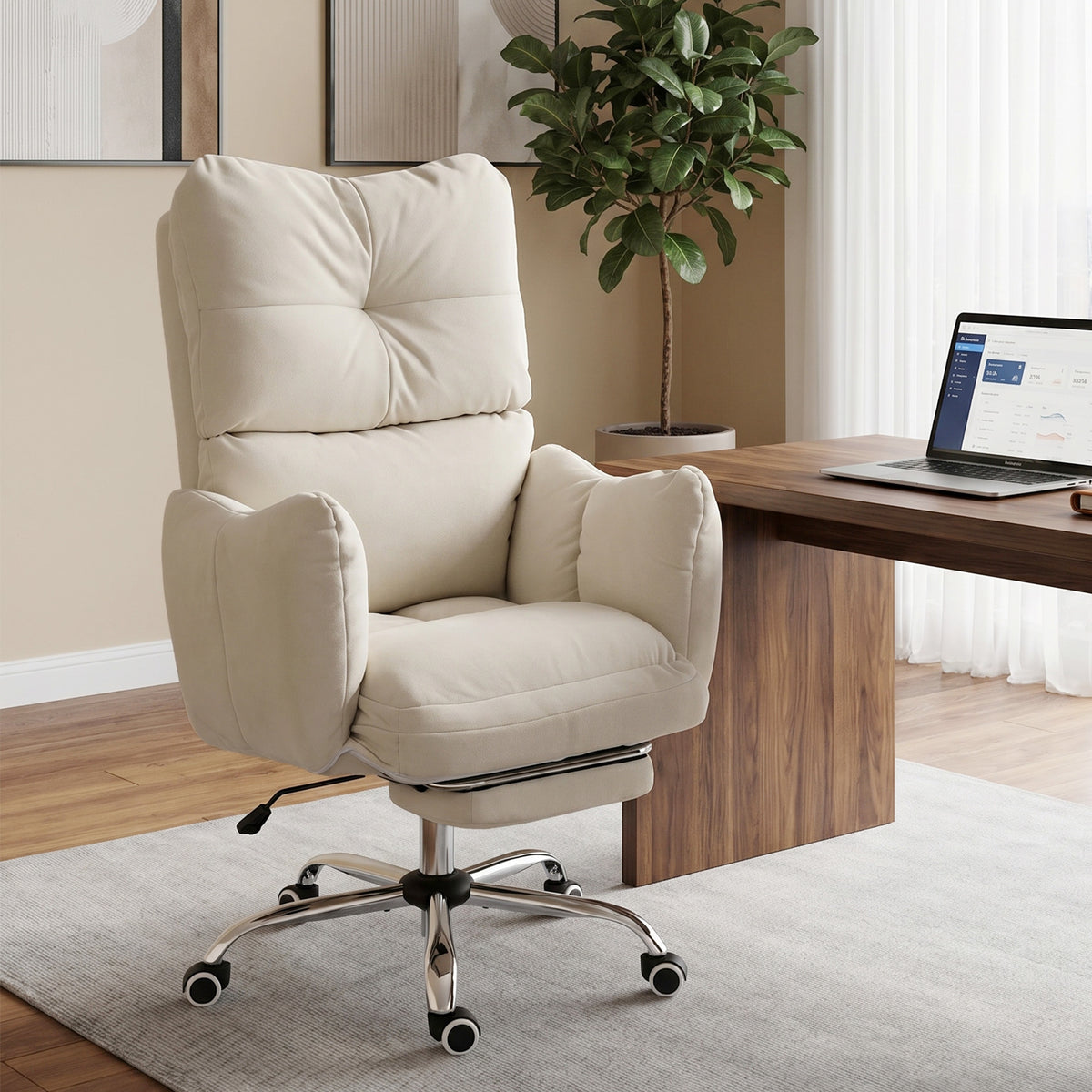 Bürostuhl mit Fußstütze, Ergonomischer Drehstuhl mit Wippfunktion, Verstellbarer Hohe Rückenlehne, Schneeflanellstoff