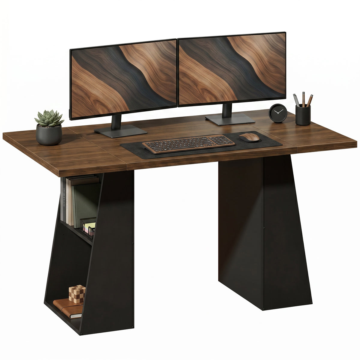 Schreibtisch mit 4 offenen Ablagen, Industrial Design, 140 cm, Braun-Schwarz