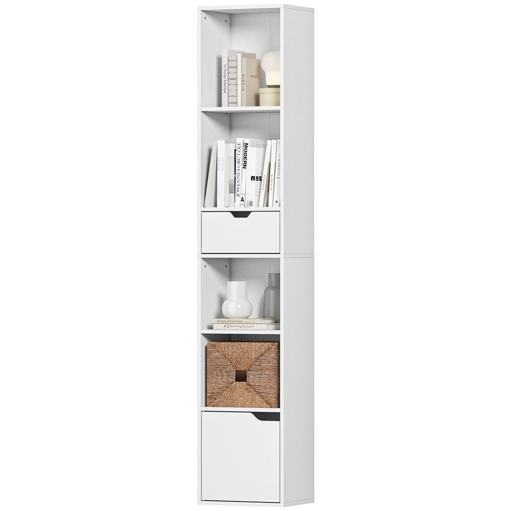 Bücherregal mit 6 Ebenen, 3-stufig verstellbar, mit Schublade, Schranktür, anpassbares Regal, Ausstellungsregal, Weiß