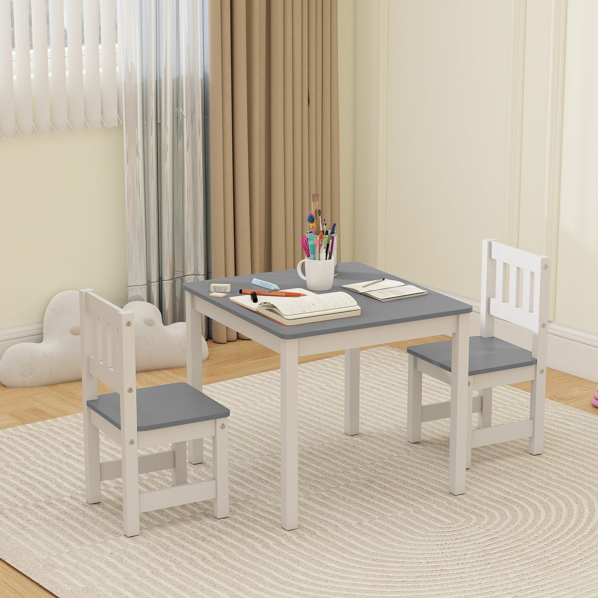 Kindertisch mit 2 Stühlen, 3tlg Kindersitzgruppe, Sitzgruppe für Kinder, Kindermöbel, 56 x 52 x 48 cm Grau
