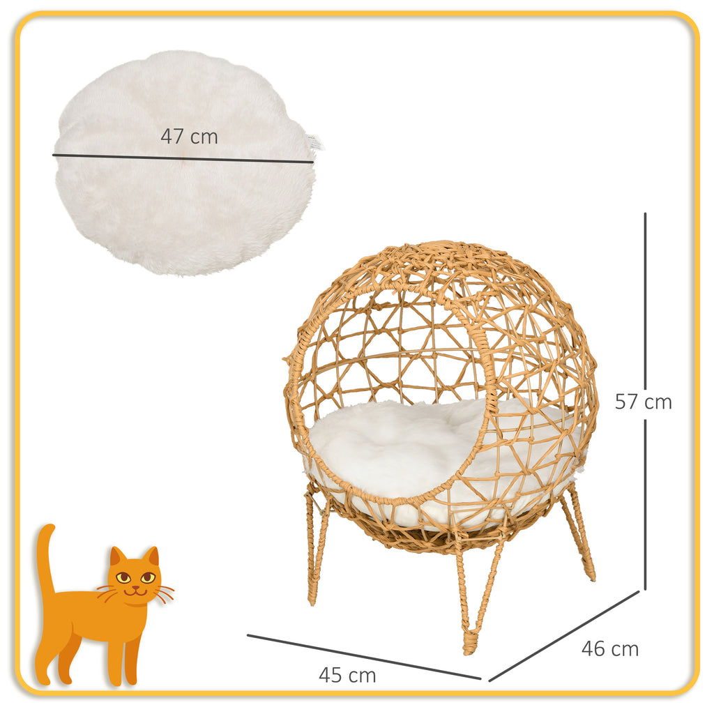  Rattan Katzenkorb Katzenhöhle Katzenhütte Katzenbett mit Kissen erhöhtes Design Haustierbett Braun Ø45 x 57H cm