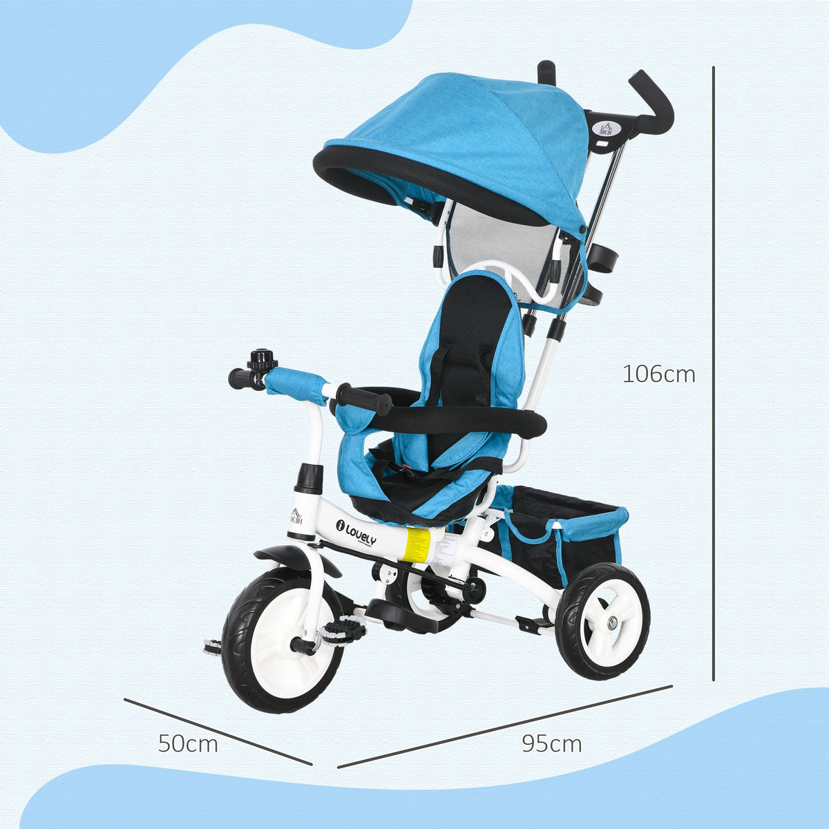 6 in 1 Kids Trike Push Bike w/ Push Handle, Canopy, 5-point Seat Belt, Storage, Footrest, Brake, for 1-5 Years, Blue