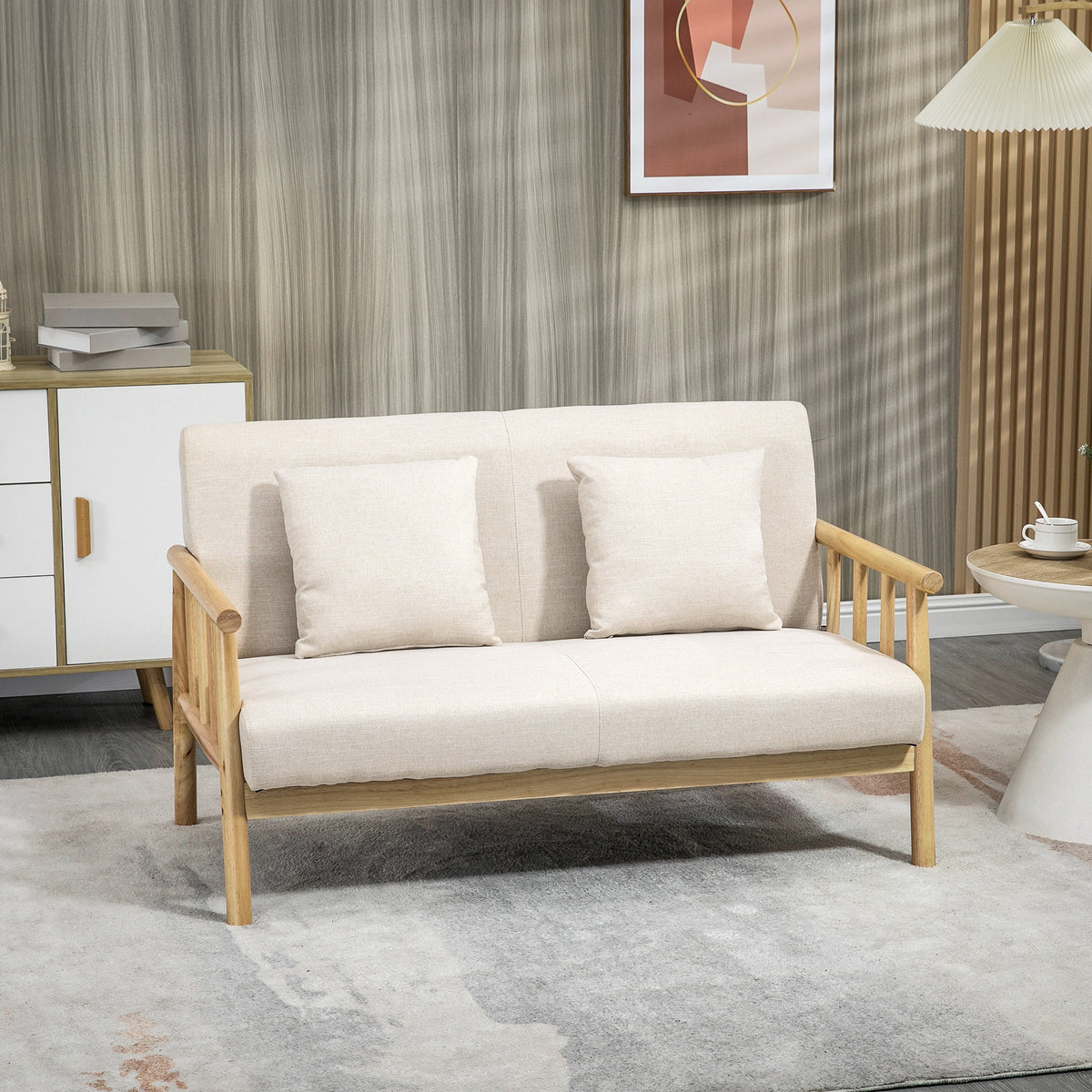 2-Sitzer Sofa, Stoffbezug in Leinenoptik, kompakt, bis 200 kg, Holzrahmen, 123L x 69B x 74H cm, Beige