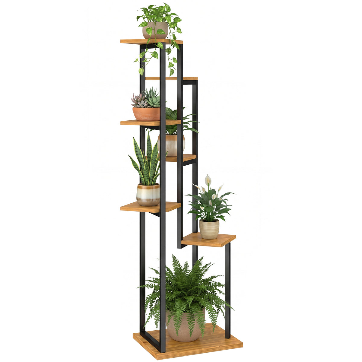 7-Etagen Pflanzenständer, 130 cm hoch Blumenständer, Gestuftes Pflanzenregal aus Holz, mehrstöckig Hellbraun