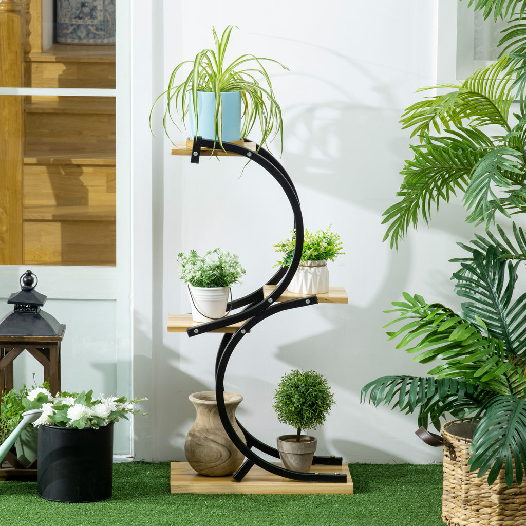 Pflanzenst?nder mit 4 Regalen, Massivholz, wetterbest?ndig, 46 cm x 25 cm x 91 cm, Schwarz + Natur