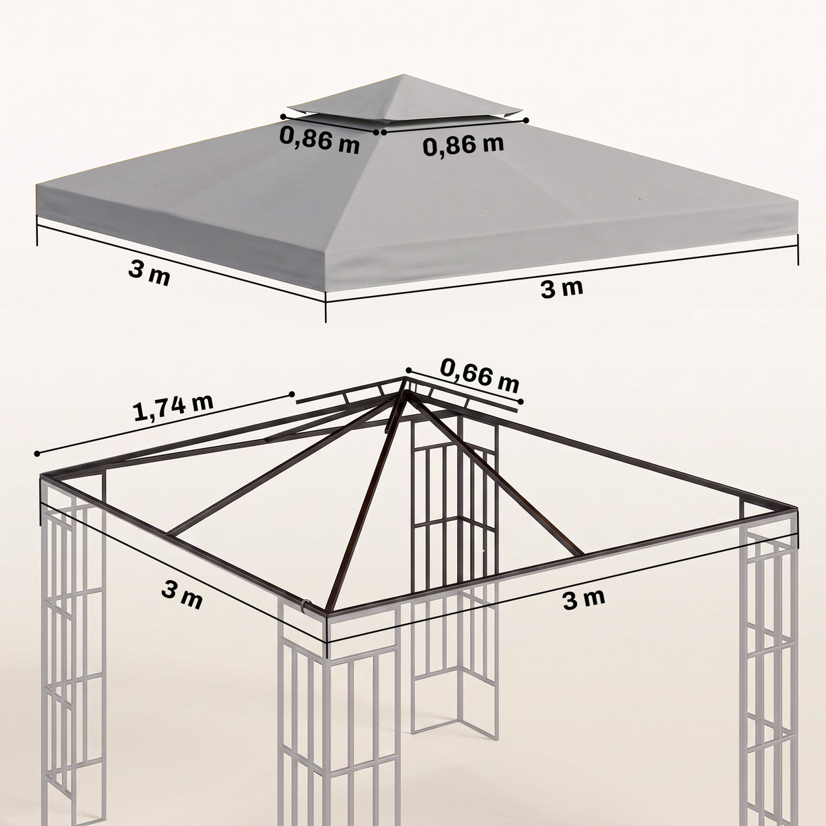 3(m) Gazebo Top Cover Double Tier Canopy Replacement Pavilion Roof Light Grey