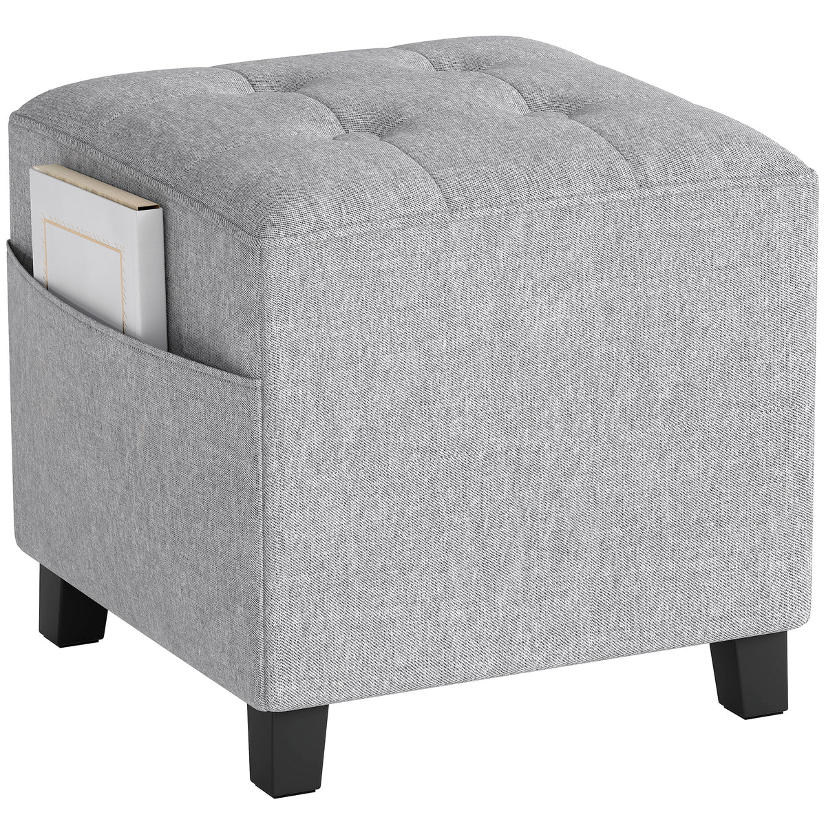 Quadratischer Hocker, kleiner Ottoman mit Seitentasche, Fußstütze aus Stoff in Leinenoptik mit Gummibaumholzbeinen, Hellgrau