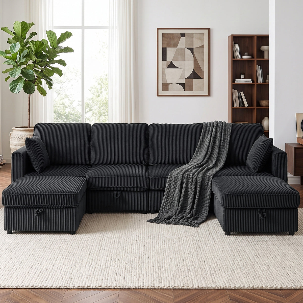 Ecksofa 4-Sitzer U-Form Sofa mit Stauraum-Ottomane, 306 cm Eckcouch mit Cord-Optik, 4 Kissen, für Wohnzimmer