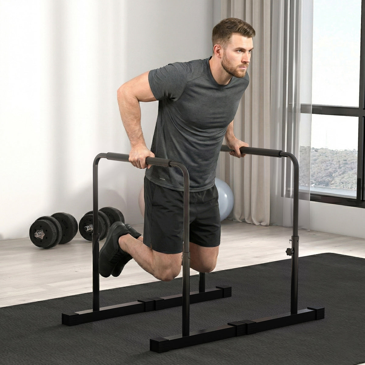 Dip-Station, h?henverstellbar 80-105 cm, leicht, rutschfest, bis 120 kg, Stahl, Schwarz
