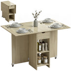 Klappbarer Esstisch für 2-4 Personen, Rollbarer Tisch mit offenem Fach und Schublade, ideal für kleine Räume, Natur