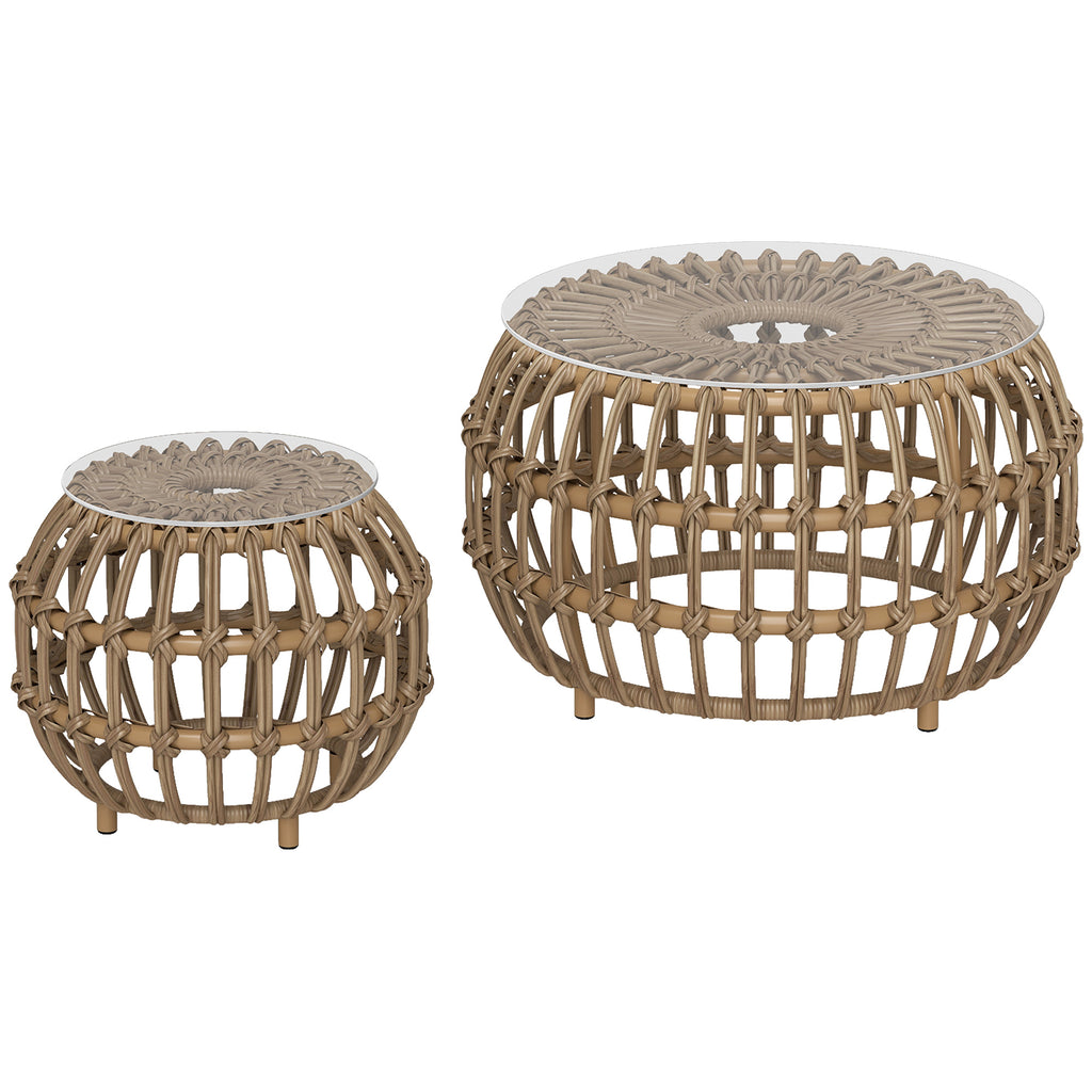2er Set Beistelltisch Polyrattan ?66/42 cm rund wetterfest Gartentisch mit Glasplatte Braun