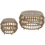2er Set Beistelltisch Polyrattan ?66/42 cm rund wetterfest Gartentisch mit Glasplatte Braun