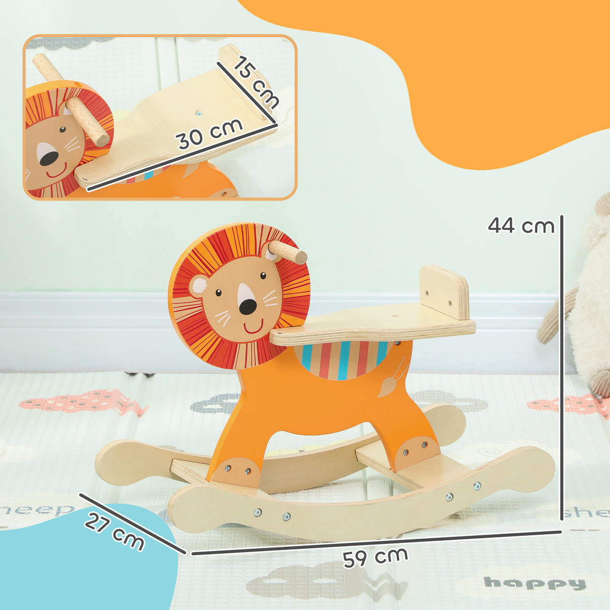 Schaukelpferd mit L?wen-Design, 25 kg Belastbarkeit, 2-5 Jahre, Holz, Orange
