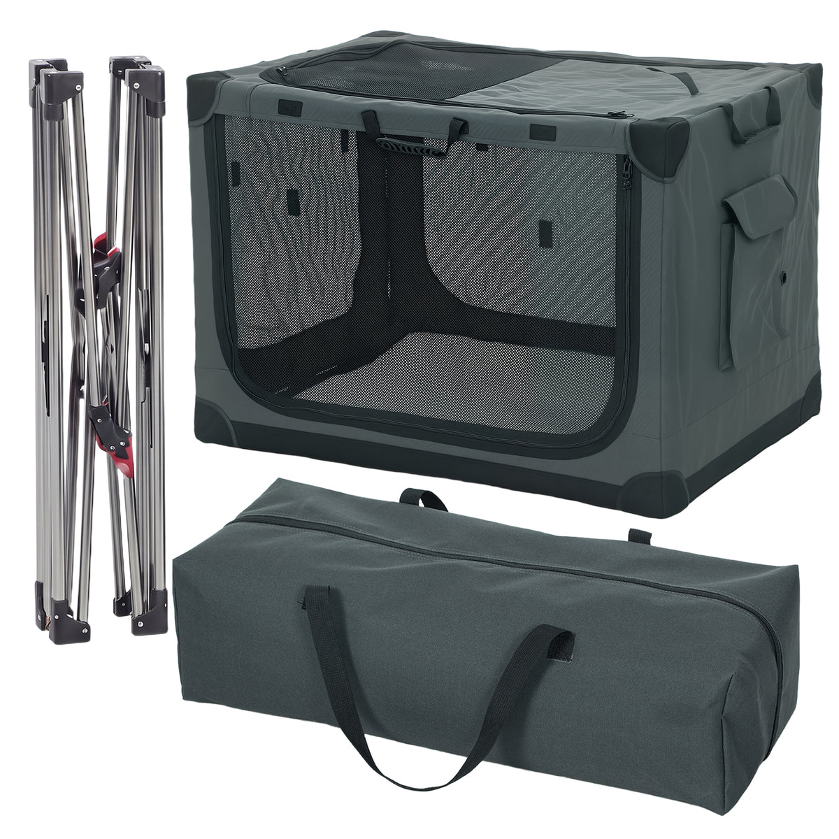 Soft Dog Crate Pet Travel Crate 90 x 64 x 64 cm with Removable Pad Mesh Window Army Green