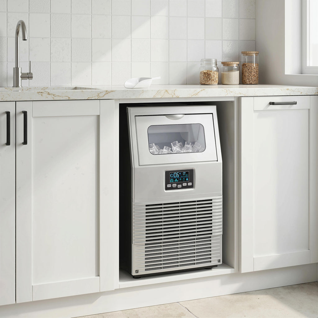 Kommerzielle Eisw¨¹rfelmaschine, LED-Beleuchtung, leicht lesbare Anzeigen, mit Schaufel, Silber