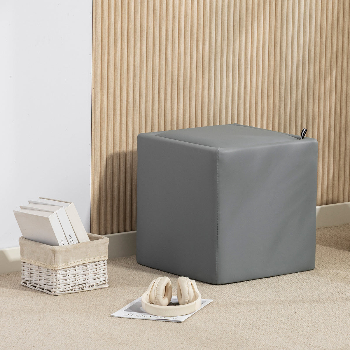 Sitzhocker mit Stauraum Hocker mit Deckel, Quadratischer Fu?hocker Sitzw¨¹rfel Kunstleder 40 x 40 x 40 cm Grau