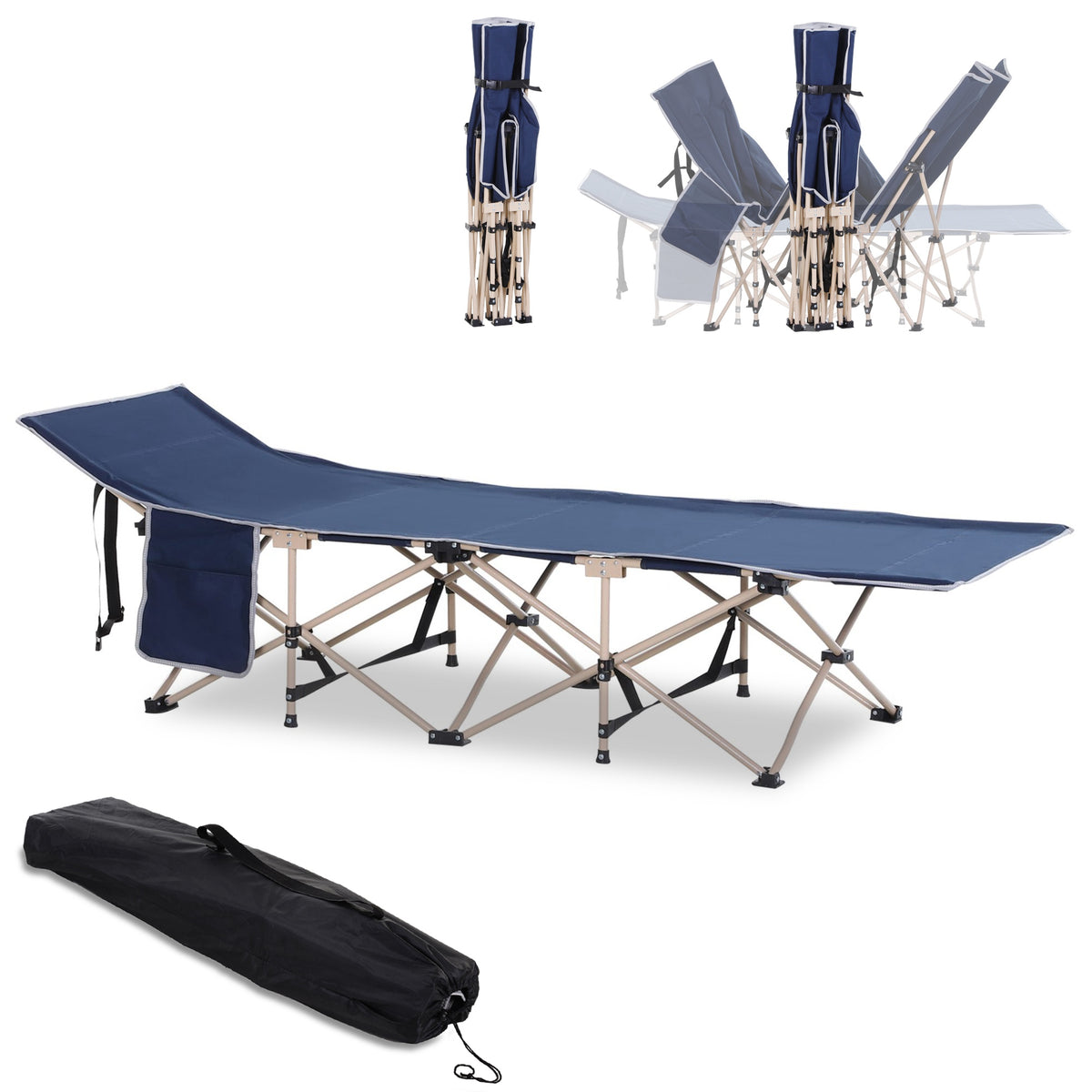 Feldbett, Camping-Bett, klappbar, wetterbeständig, ink. Tragetasche, 190 cm x 68 cm x 52 cm, Blau