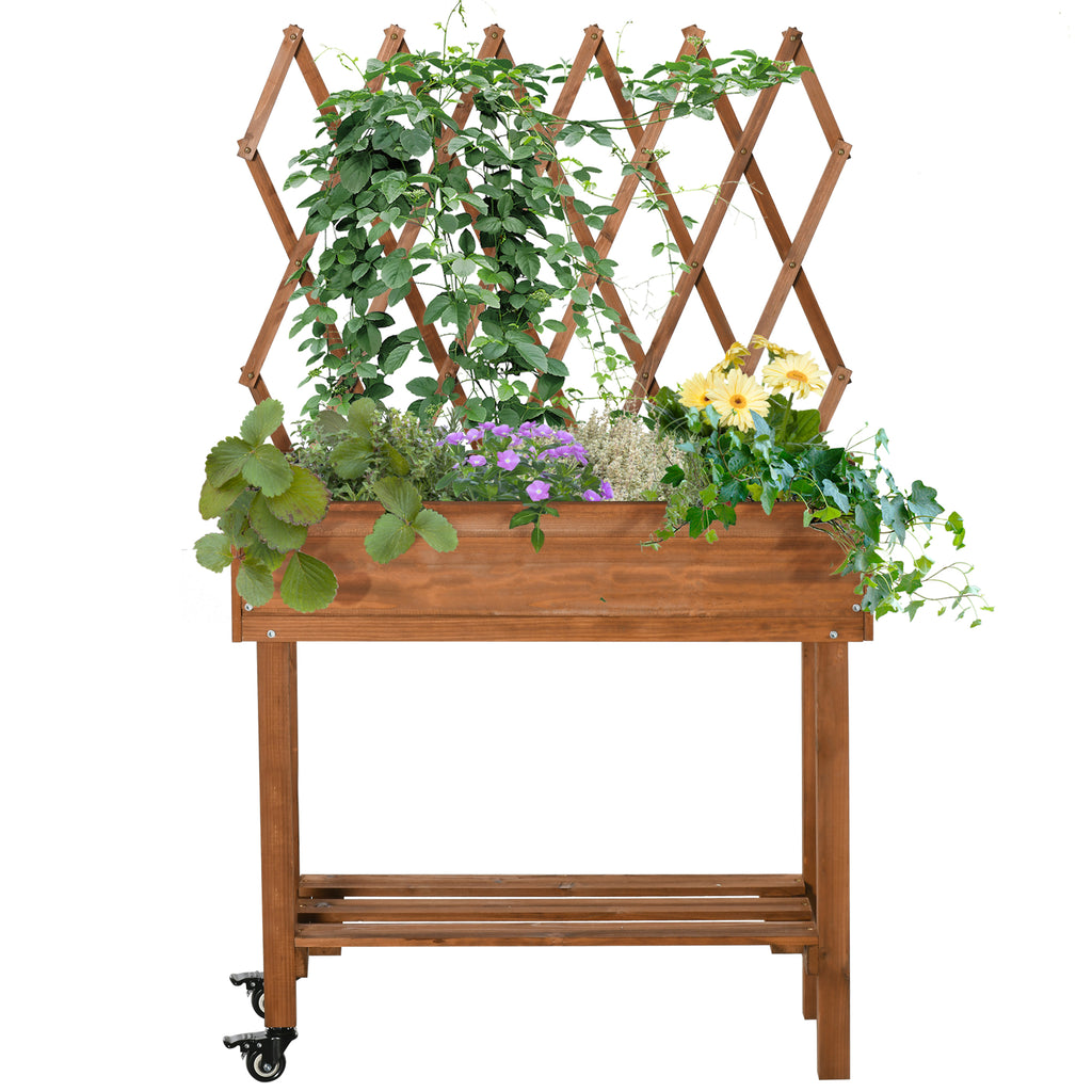 Hochbeet, integriertes Spalier, Ablageregal, R?der, Massivholz, braun, 79 x 29 x 130 cm