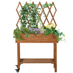 Hochbeet, integriertes Spalier, Ablageregal, R?der, Massivholz, braun, 79 x 29 x 130 cm