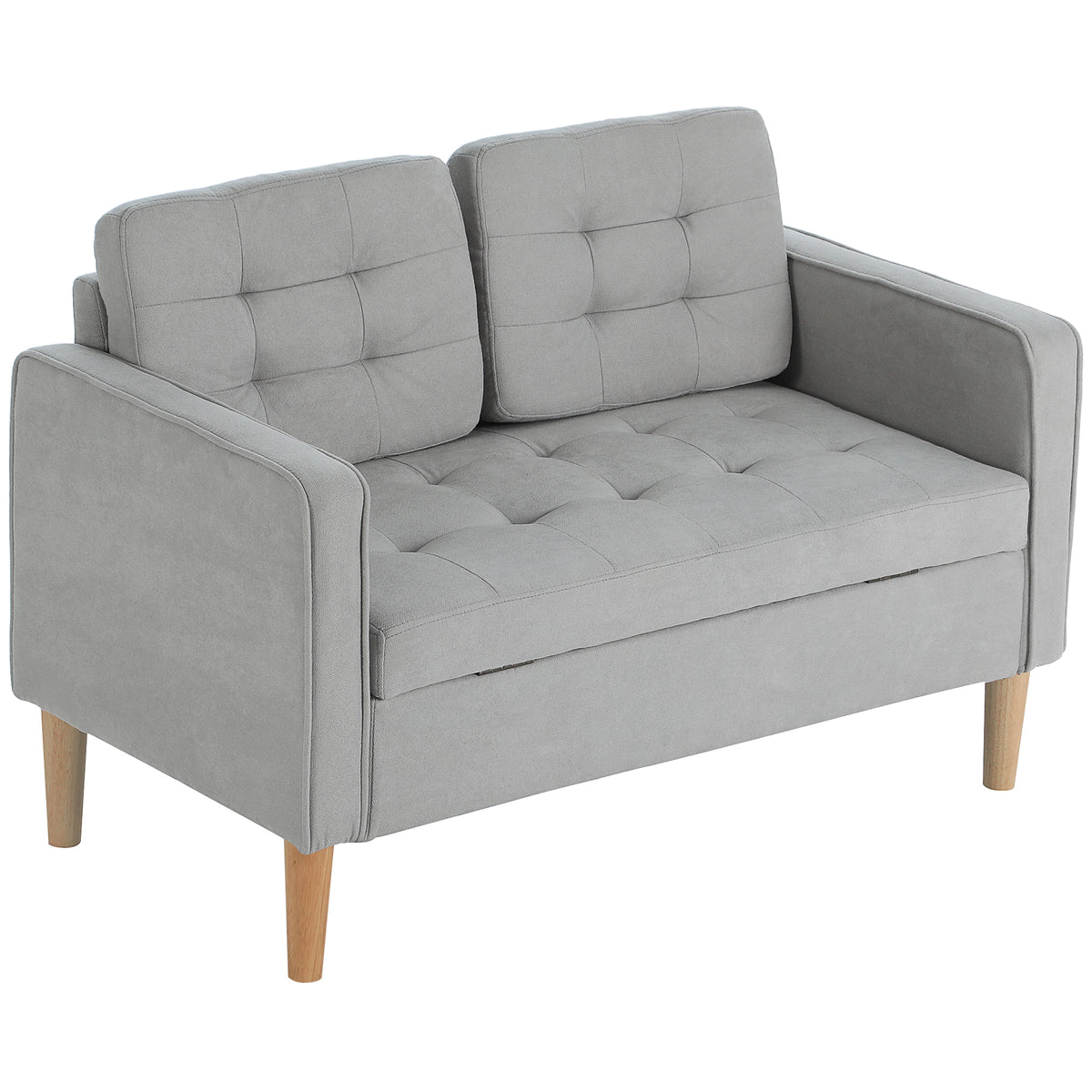 Zweisitzer-Sofa mit Stauraum, Knopfheftung, Kissen, Kautschukbaumholz, 117x62x78cm, Hellgrau