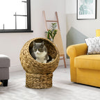 Woven Banana Leaf Elevated Cat Bed Wicker Kitten Basket Pet Den. House Cosy Cave with Soft Cushion Dome 42x33x52cm Brown